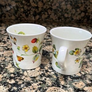 Two Old Foley James Kent strawberry and butterfly mugs.